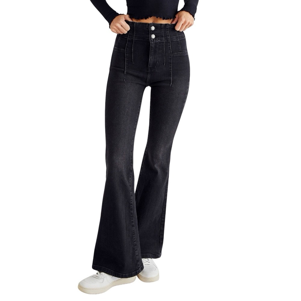 We The Free Jayde High Rise Flare Jeans Black Onyx Stretch Bell Bottom Size 30